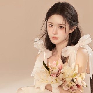 一手托腮可爱清纯美女抱着鲜花的美女壁纸-墨鱼部落格.jpg